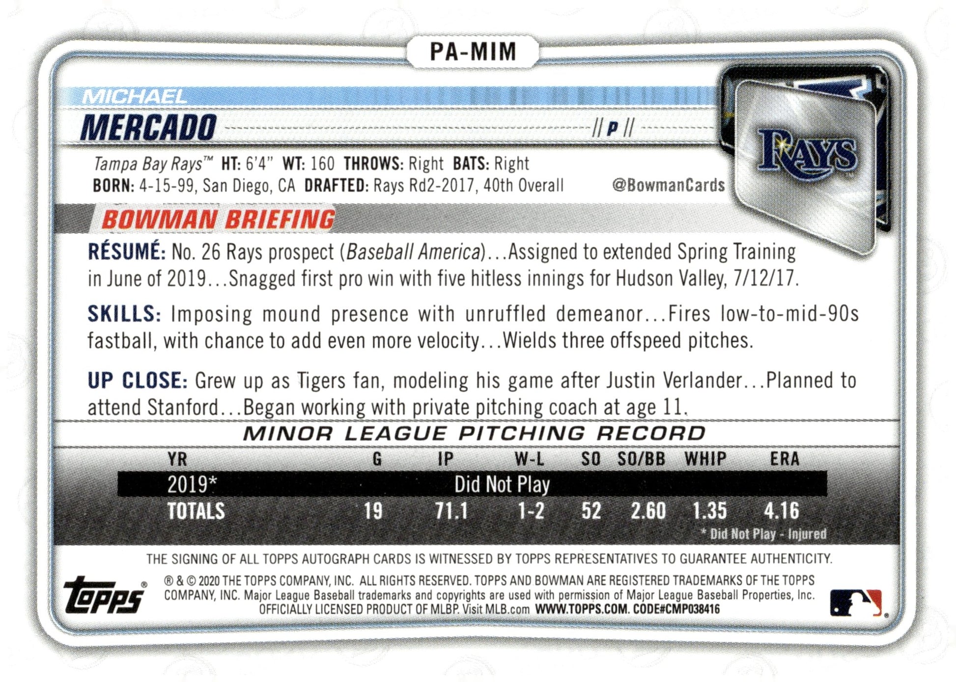 Michael Mercado 2020 Bowman Prospects Purple Auto 099/250 #PA - MIM - Collector Store LLC