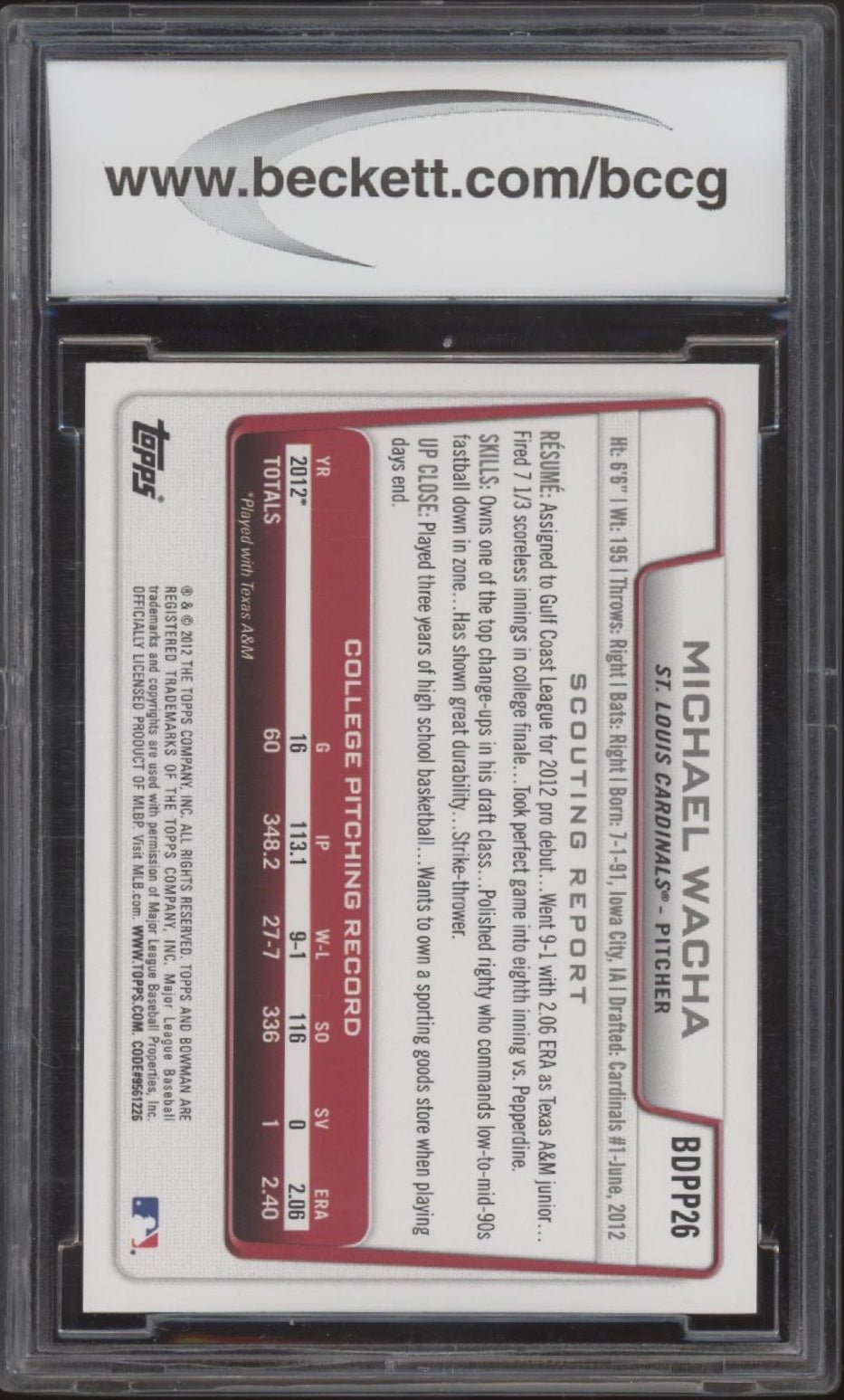 Michael Wacha 2012 Bowman Draft Picks #BDPP26 Beckett 10 - Collector Store LLC