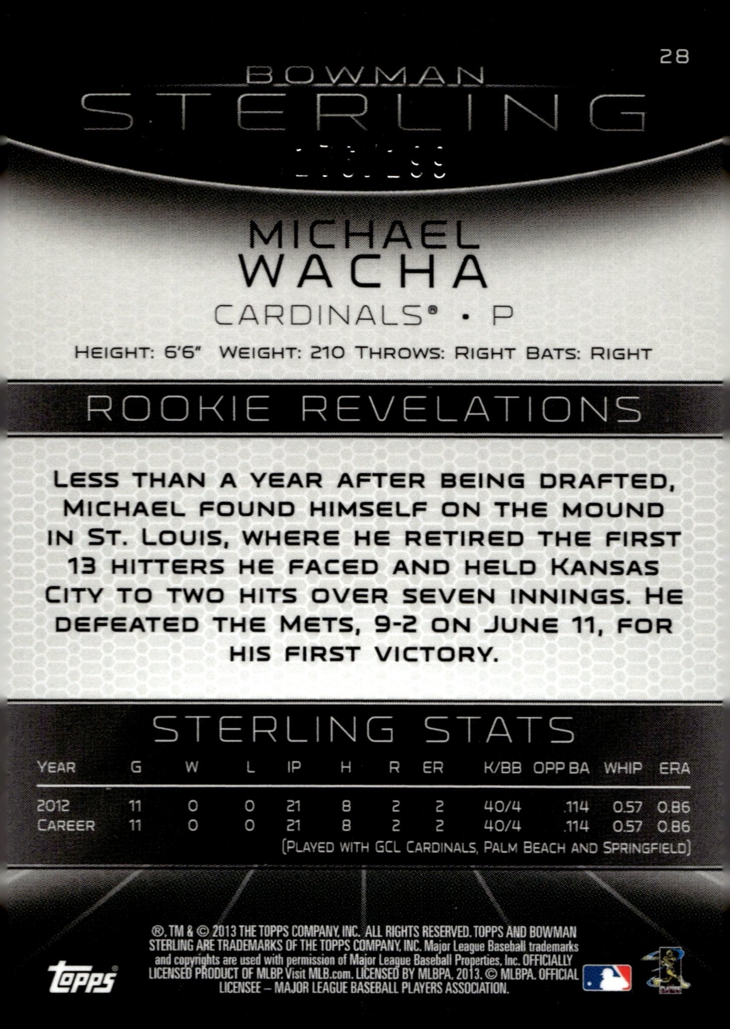 Michael Wacha 2013 Bowman Sterling Refractor RC 176/199 #28 - Collector Store LLC