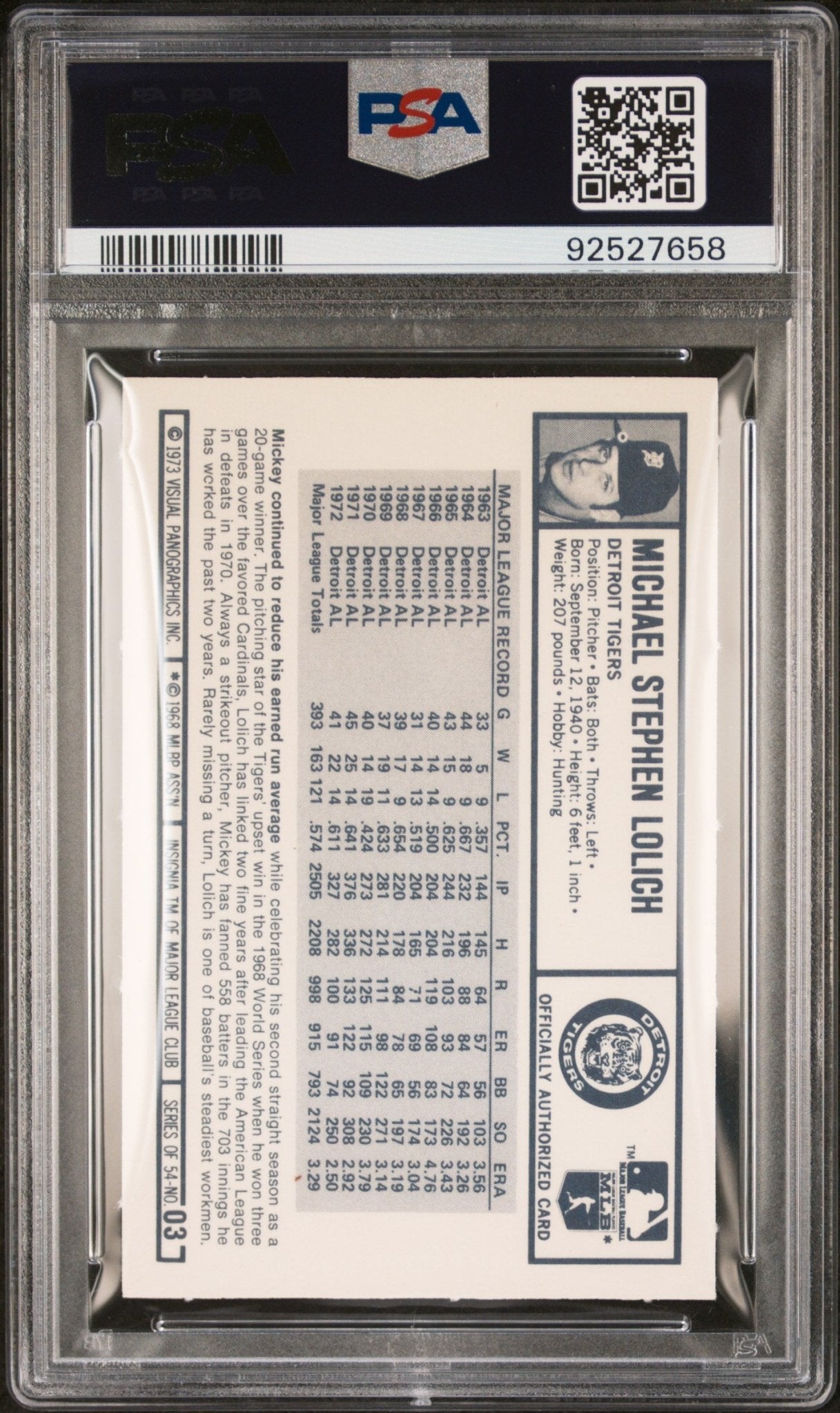 Mickey Lolich 1973 Kellogg's #3 PSA 9 - Collector Store LLC