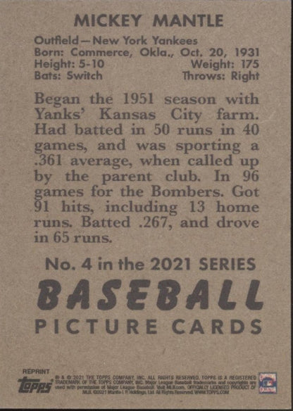 Mickey Mantle 2021 Topps x Bowman 1951 Reprint #4 - Collector Store LLC