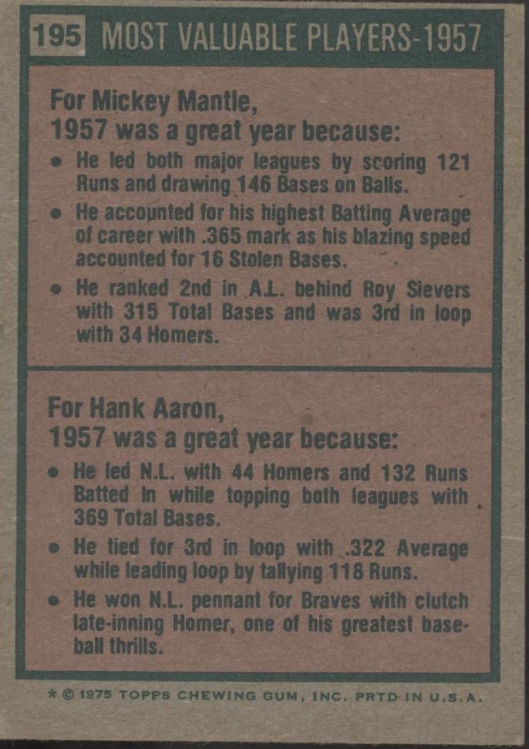 Mickey Mantle / Hank Aaron 1975 Topps 1957 MVPs #195 VG - EX - Collector Store LLC