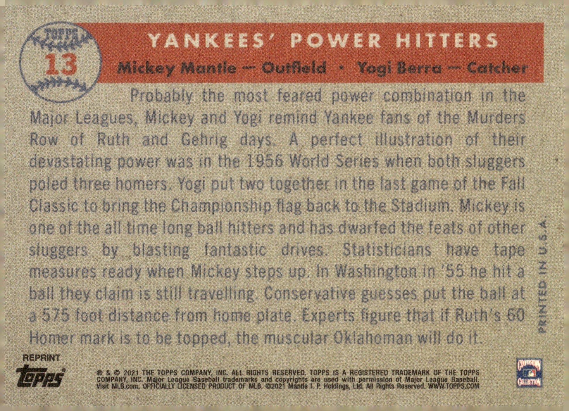 Mickey Mantle / Yogi Berra 2021 Topps x Mickey Mantle Yankee' Power Hitters #13 - Collector Store LLC
