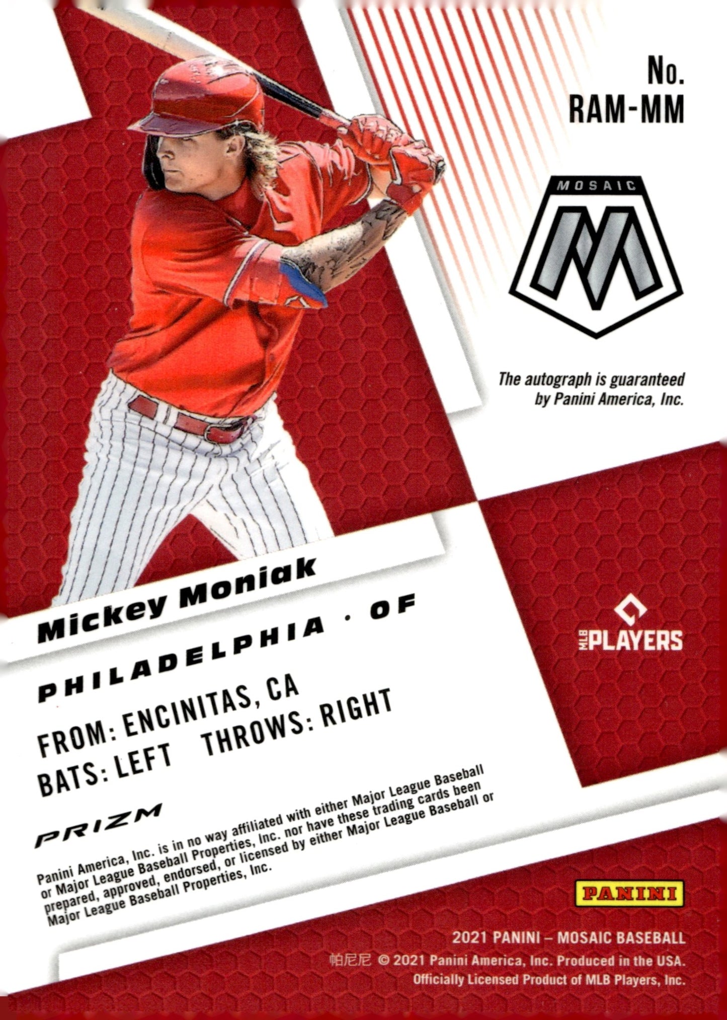 Mickey Moniak 2021 Panini Mosaic Prizm RC Auto #RAM - MM - Collector Store LLC