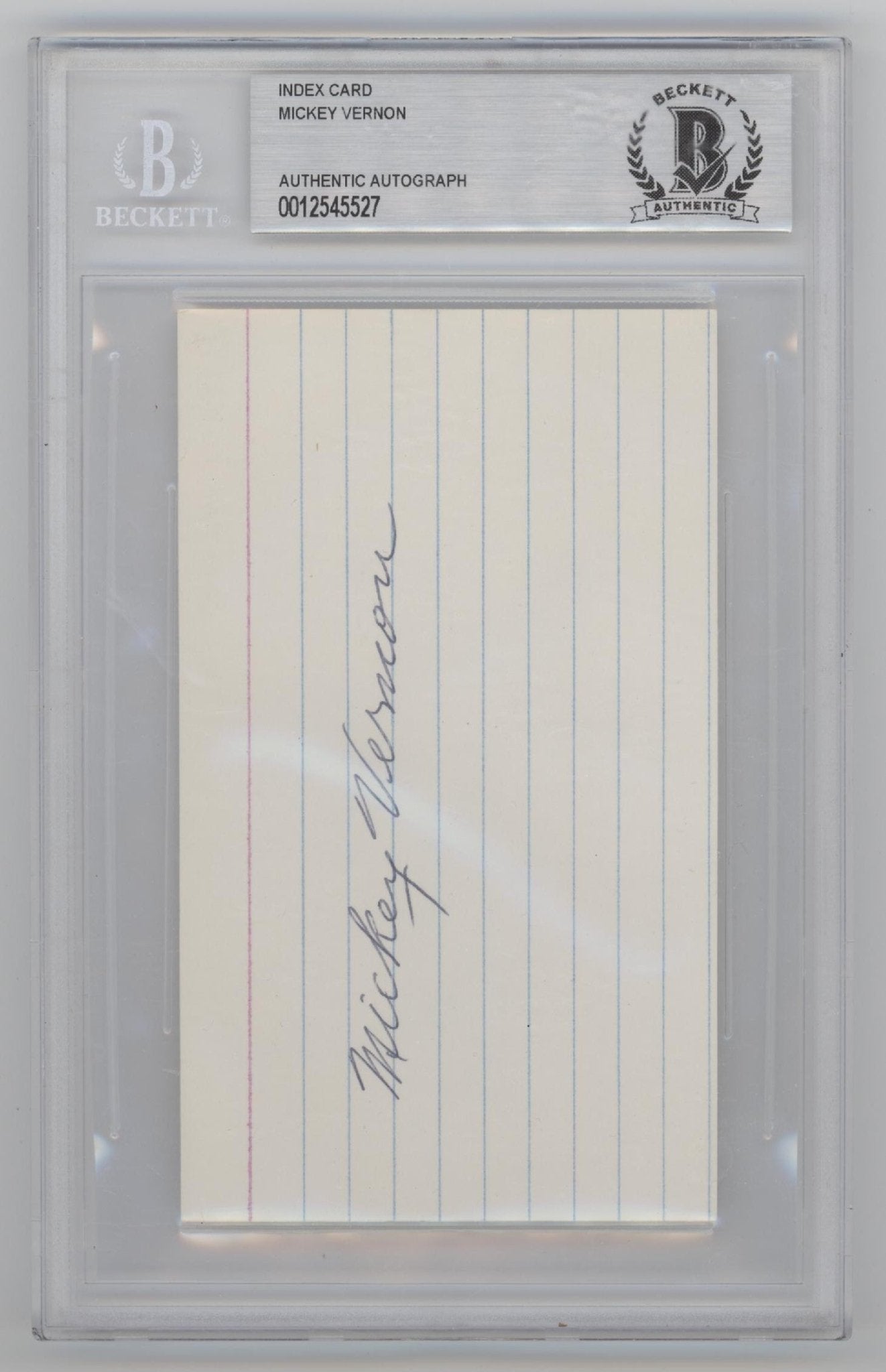 Mickey Vernon Index Card with Beckett Authentic Auto - Collector Store LLC