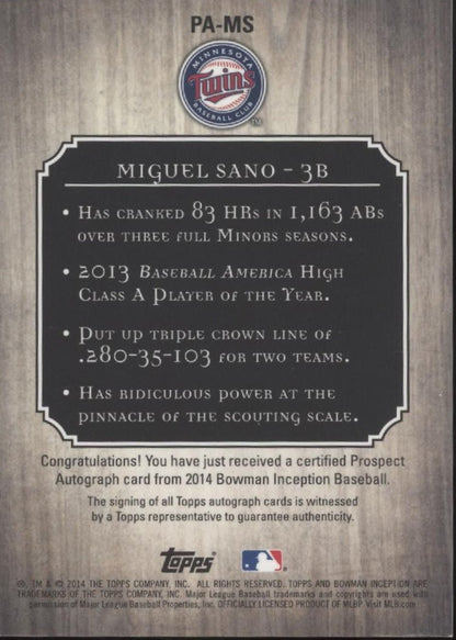 Miguel Sano 2014 Bowman Inception Auto #PA - MS - Collector Store LLC