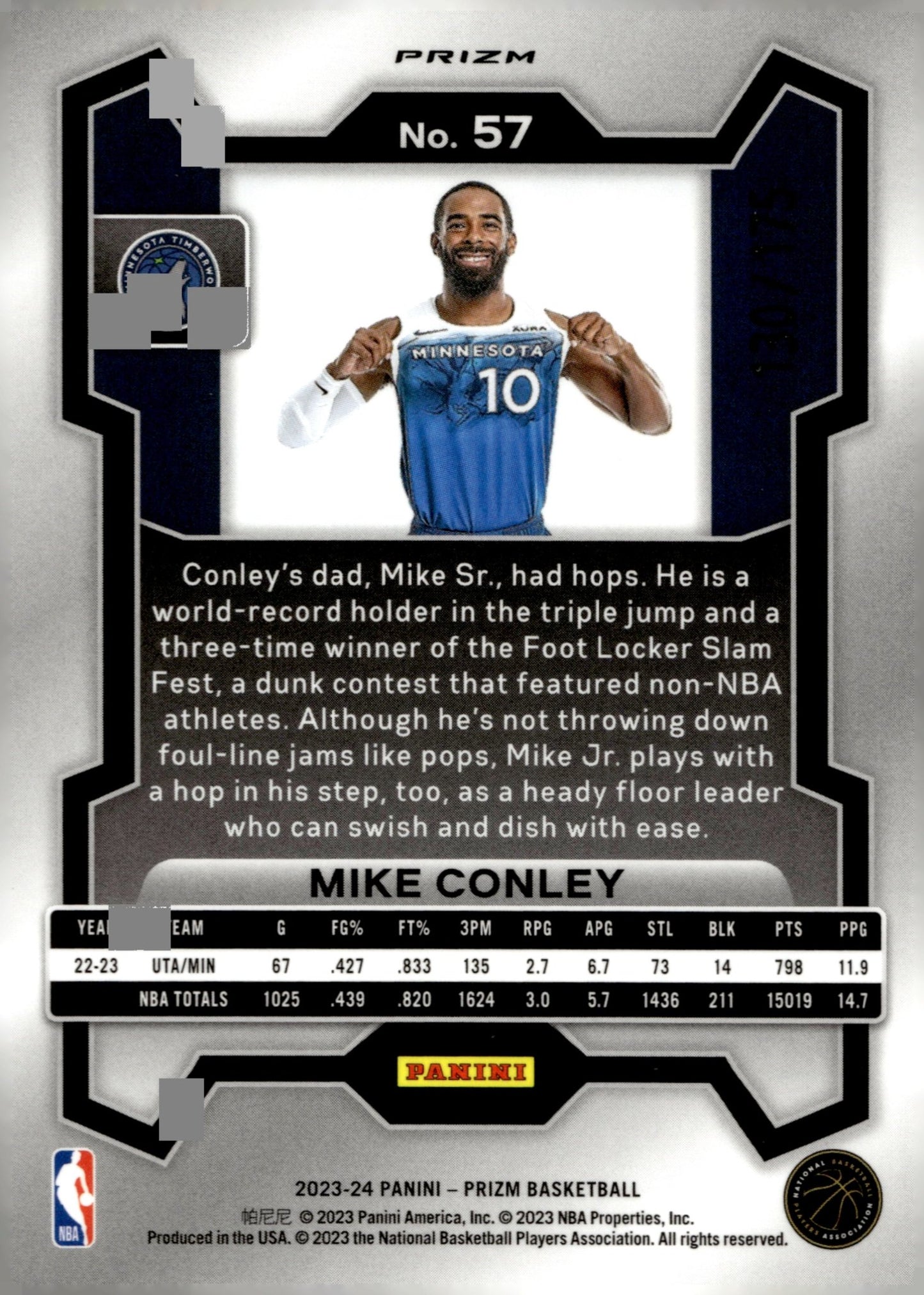 Mike Conley 2023 - 24 Panini Prizm White Prizm 130/175 #57 - Collector Store LLC