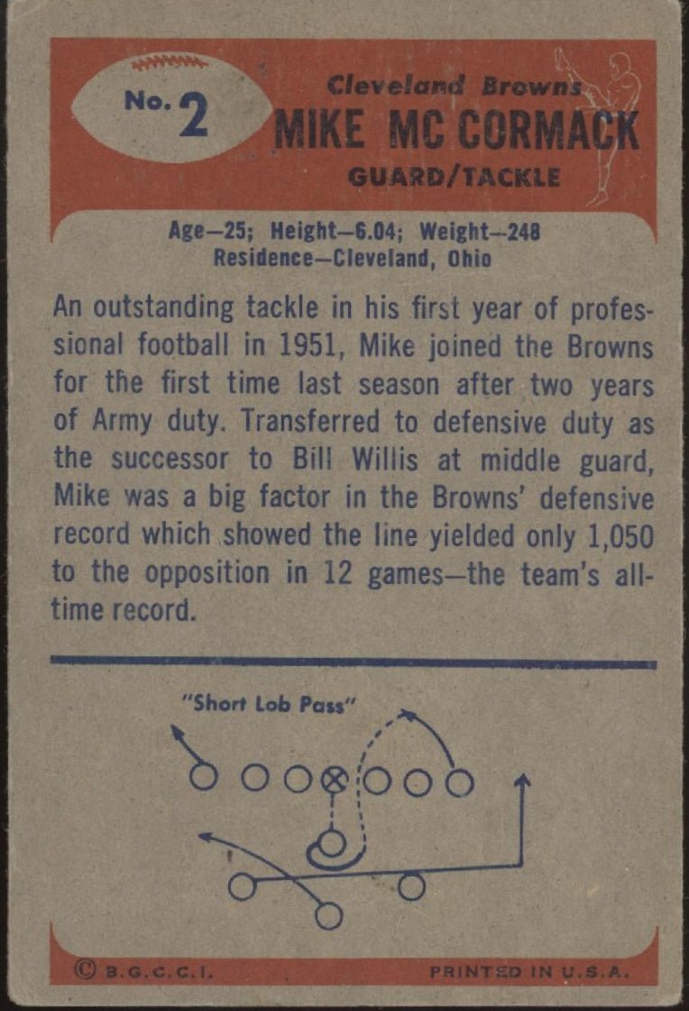 Mike McCormack 1955 Bowman RC #2 Cleveland Browns VG - Collector Store LLC