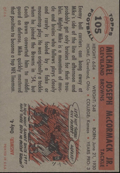 Mike McCormack 1956 Topps #105 Cleveland Browns VG - EX - Collector Store LLC