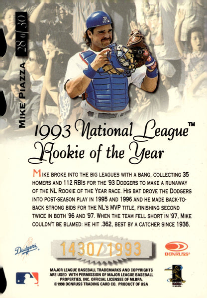 Mike Piazza 1998 Donruss Preferred Title Waves Die - Cut 1430/1993 #28 - Collector Store LLC