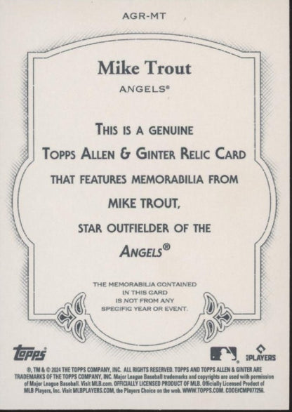 Mike Trout 2024 Topps Allen & Ginter Swatch #AGR - MT - Collector Store LLC