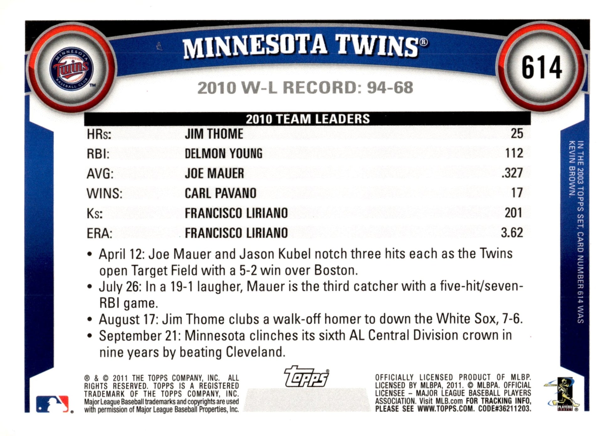 Minnesota Twins 2011 Topps Diamond Anniversary #614 - Collector Store LLC
