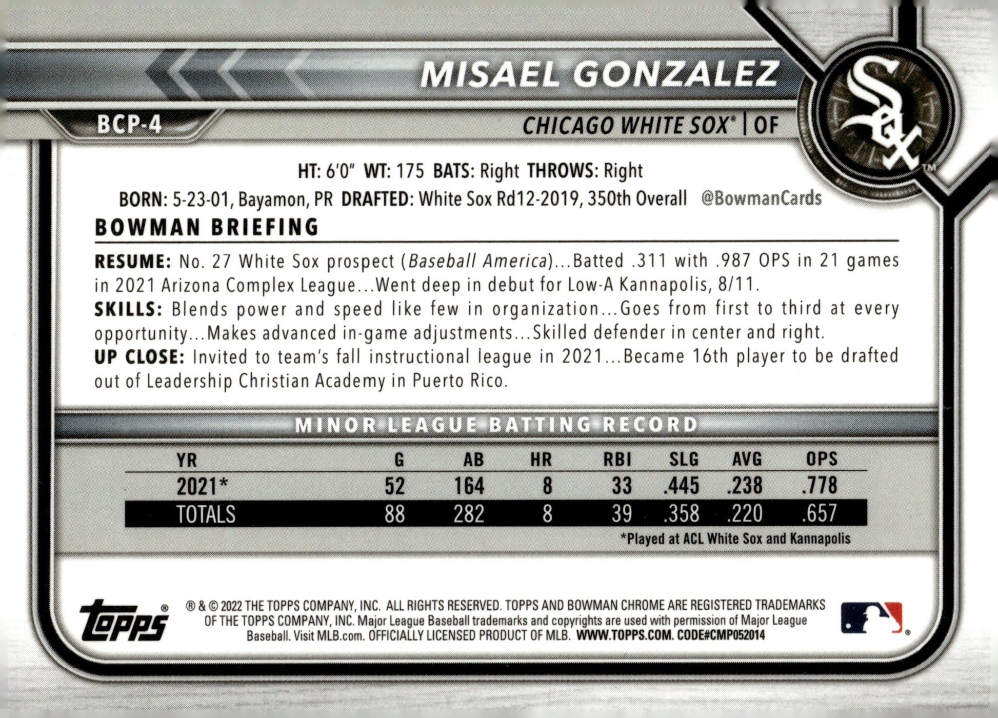 Misael Gonzalez 2022 Bowman Chrome Prospects Mojo Refractor #BCP - 4 - Collector Store LLC