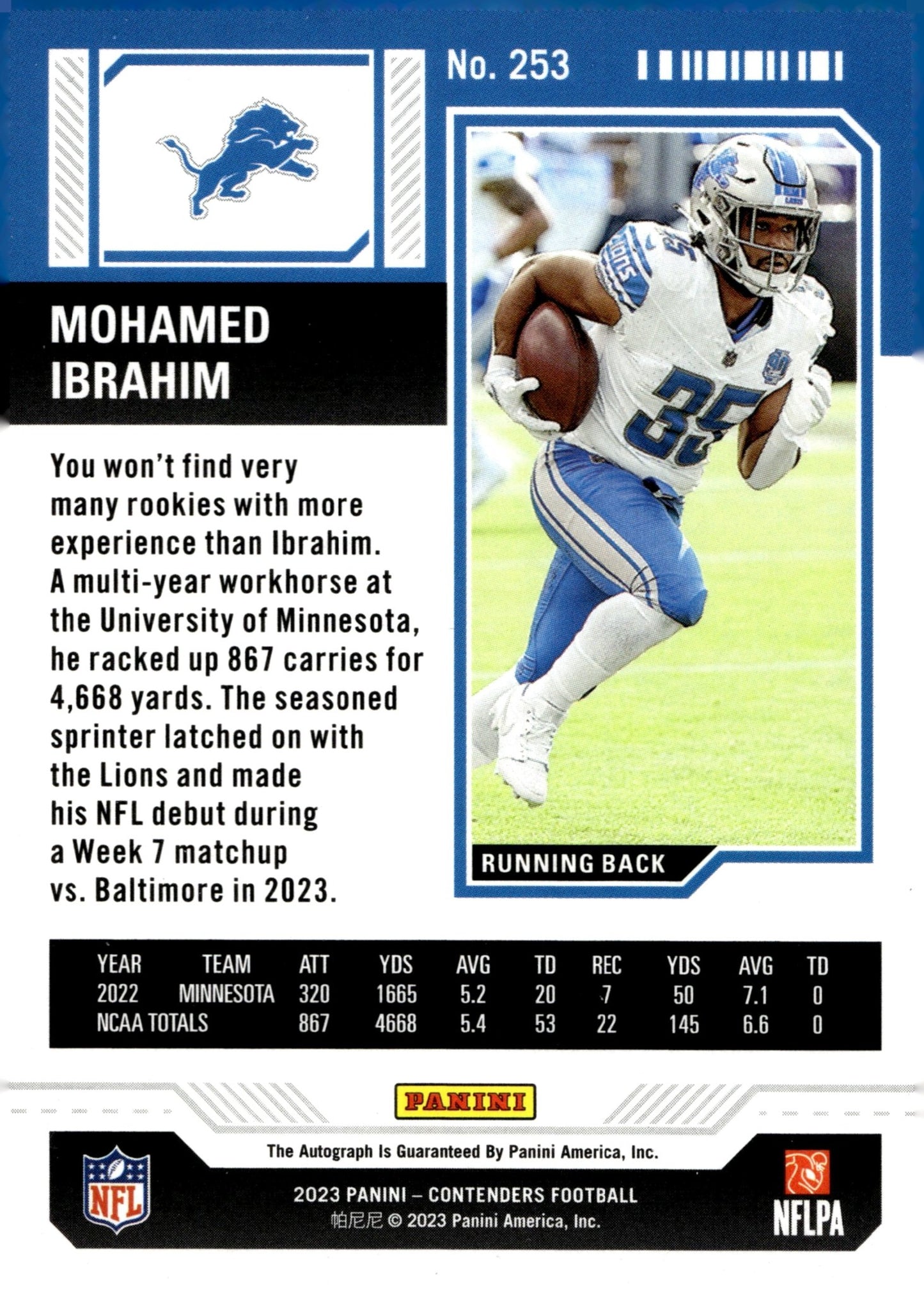 Mohamed Ibrahim 2023 Panini Contenders Rookie Ticket Green RC Auto #253 - Collector Store LLC