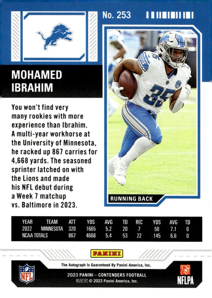 Mohamed Ibrahim 2023 Panini Contenders Rookie Ticket Green RC Auto #253 - Collector Store LLC