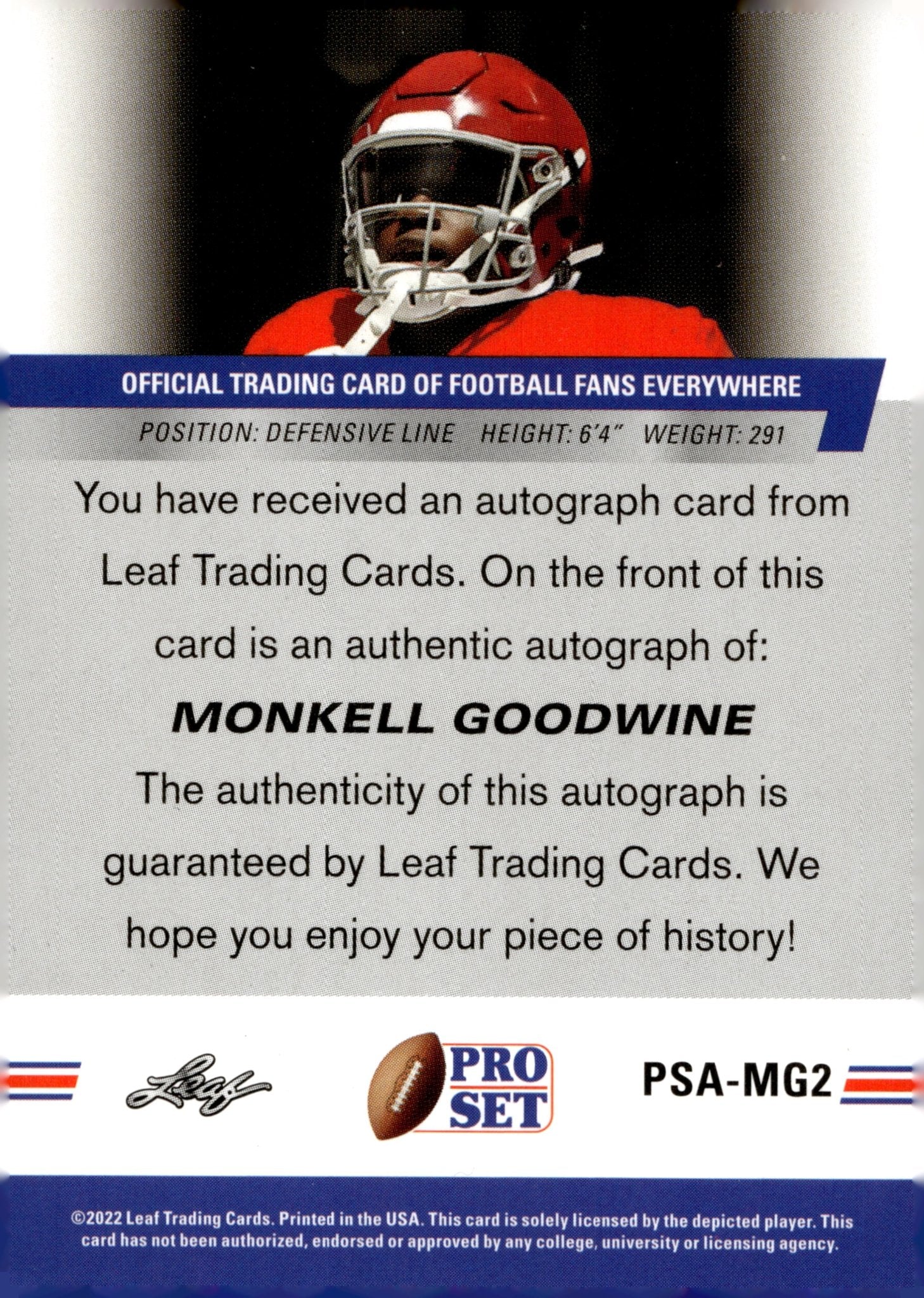 Monkell Goodwine 2022 Leaf Pro Set RC Auto #PSA - MG2 - Collector Store LLC