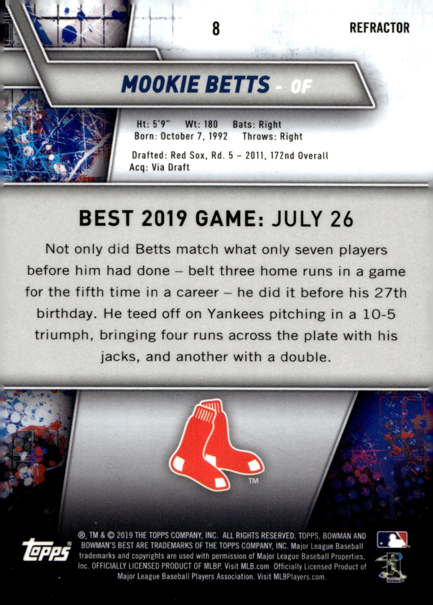 Mookie Betts 2019 Bowman's Best Refractor #8 - Collector Store LLC