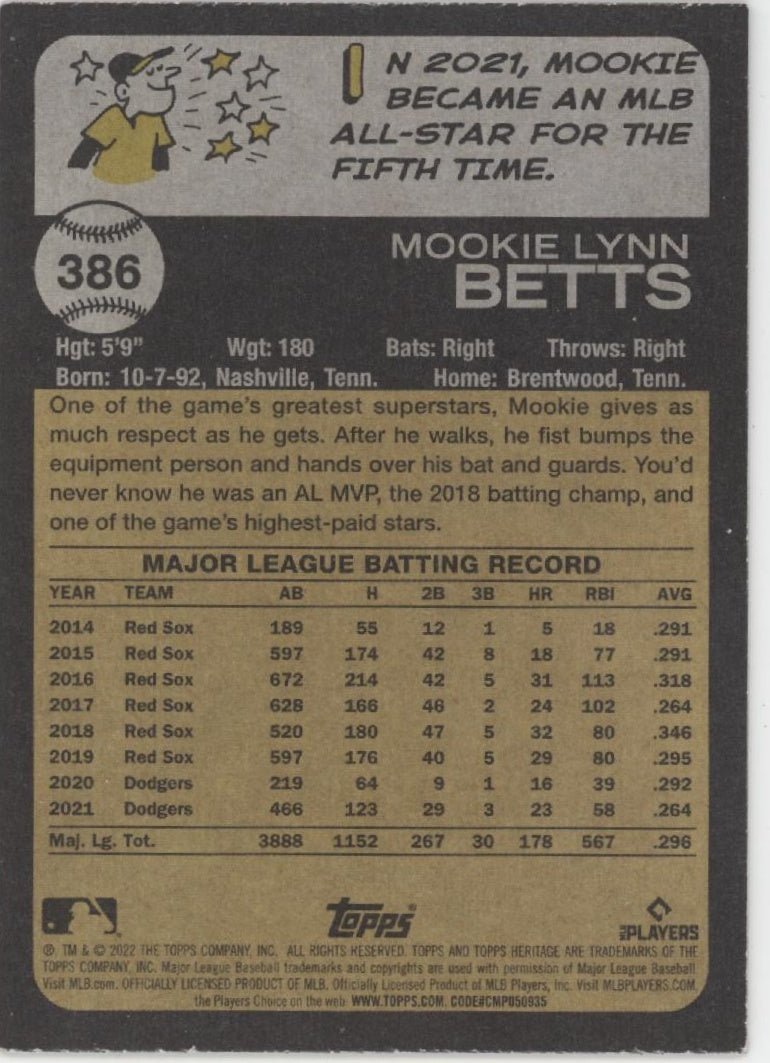 Mookie Betts 2022 Topps Chrome Heritage Purple Refractor #386 - Collector Store LLC