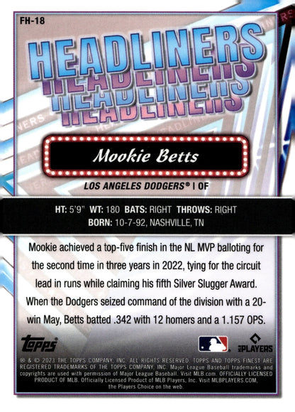 Mookie Betts 2023 Topps Finest Headliners Refractor #FH - 18 - Collector Store LLC