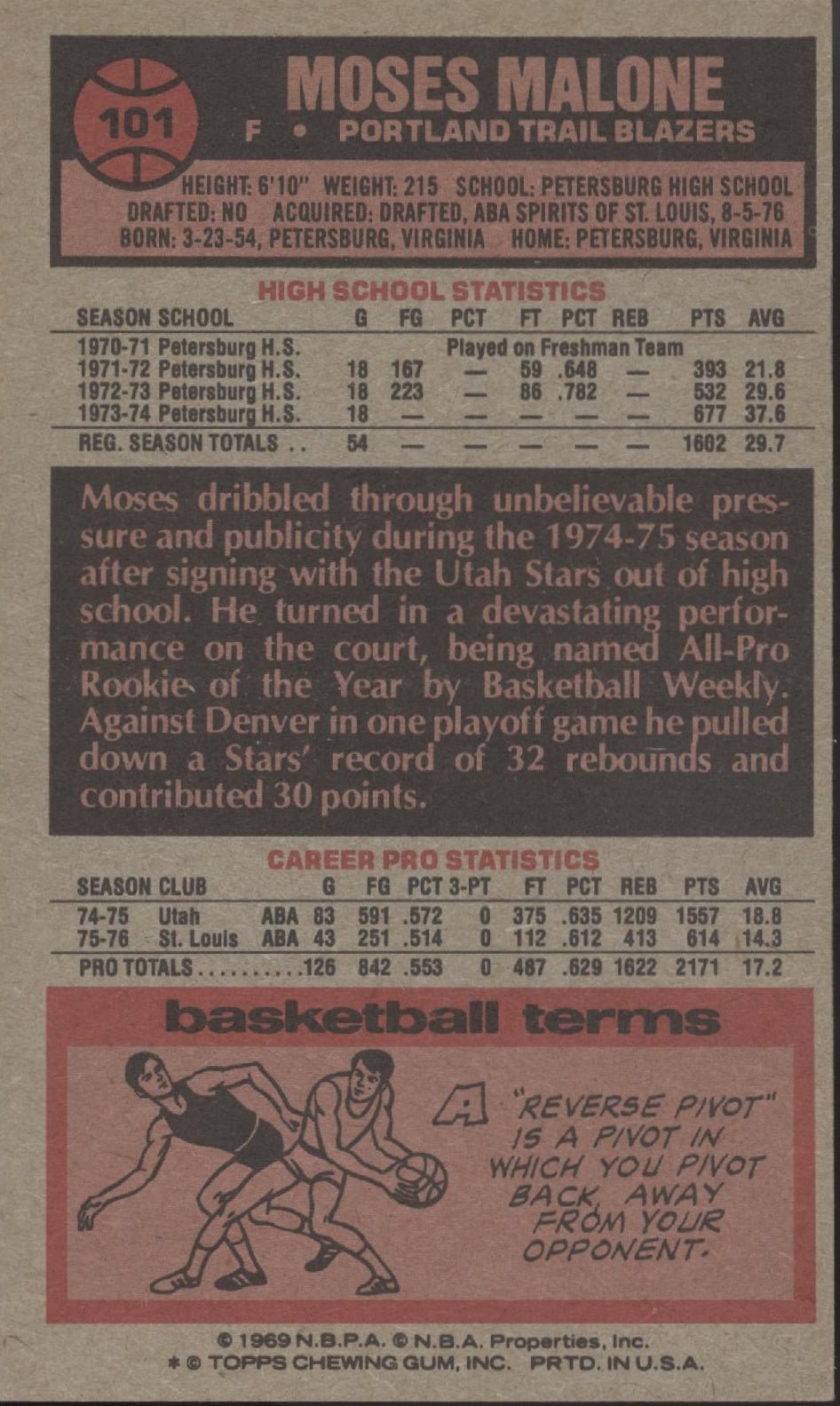 Moses Malone 1976 - 77 Topps Oversized #101 Portland Trail Blazers EX - Collector Store LLC