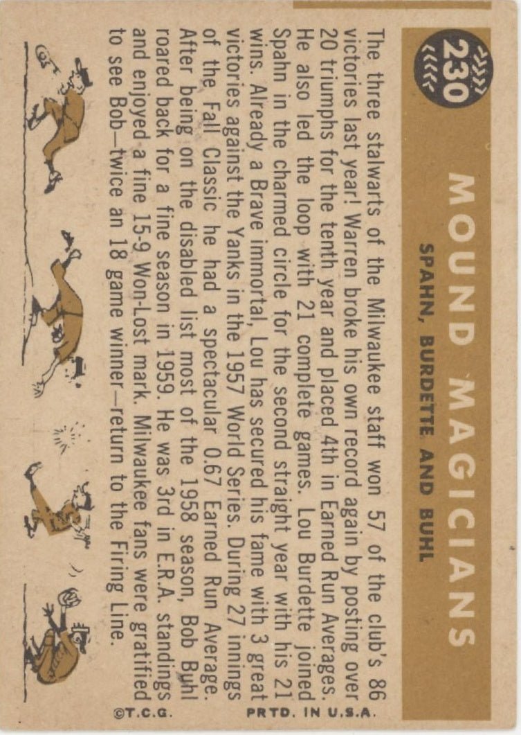 Mound Magicians 1960 Topps Burdette / Spahn / Buhl #230 VG - EX #2 - Collector Store LLC