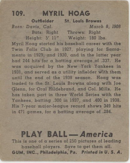 Myril Hoag 1939 Play Ball #109 St. Louis Browns VG - Collector Store LLC