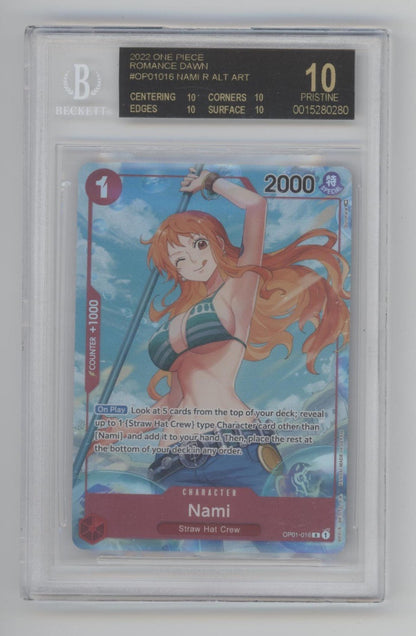 Nami One Piece Card Game Romance Dawn Alternate Art #016 Beckett 10 Pristine Nami One Piece Card Game Romance Dawn Alternate Art #016 Beckett 10 Pristine