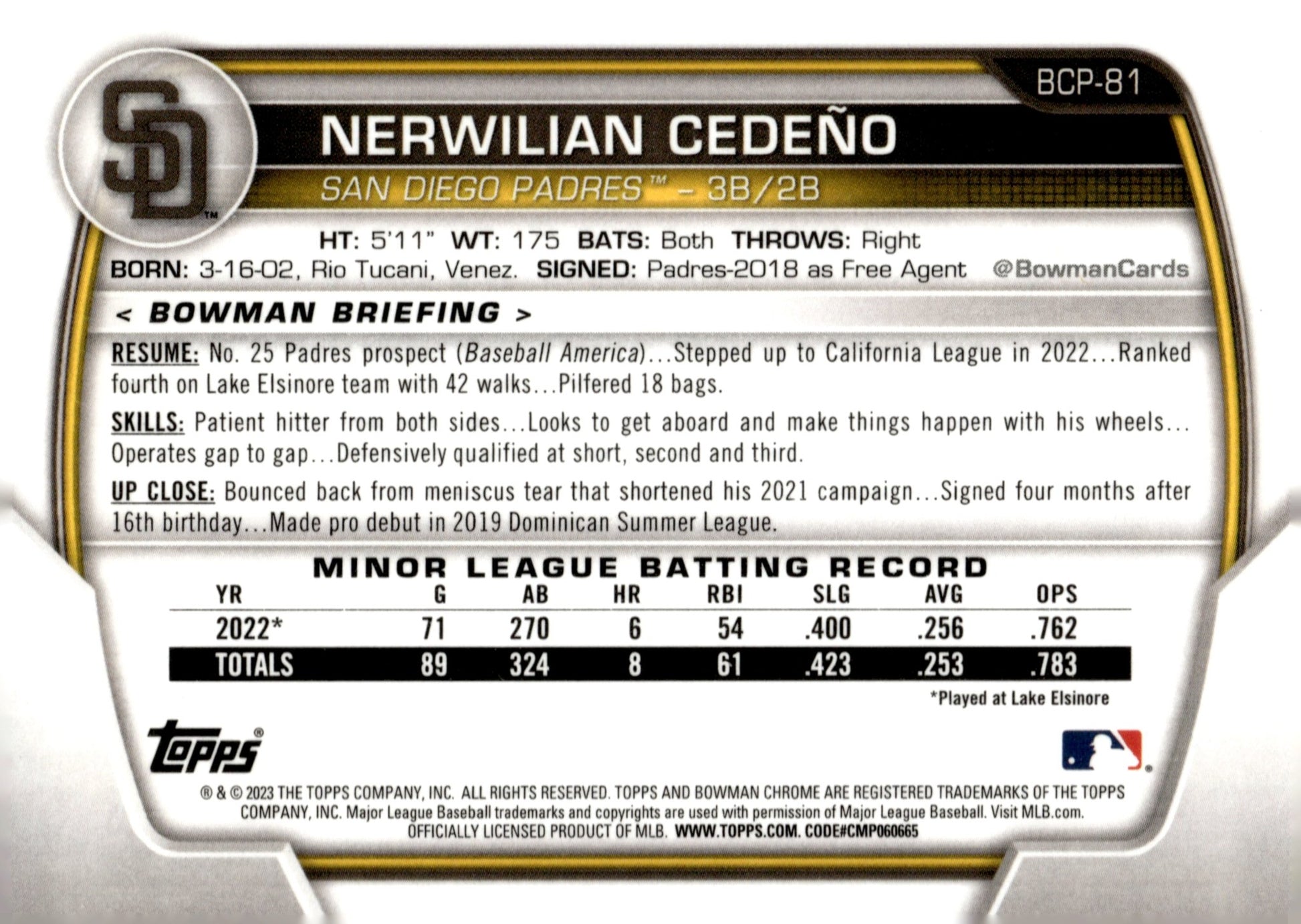 Nerwilian Cedeno 2023 Bowman Chrome Speckle Refractor 189/299 #BCP - 81 - Collector Store LLC