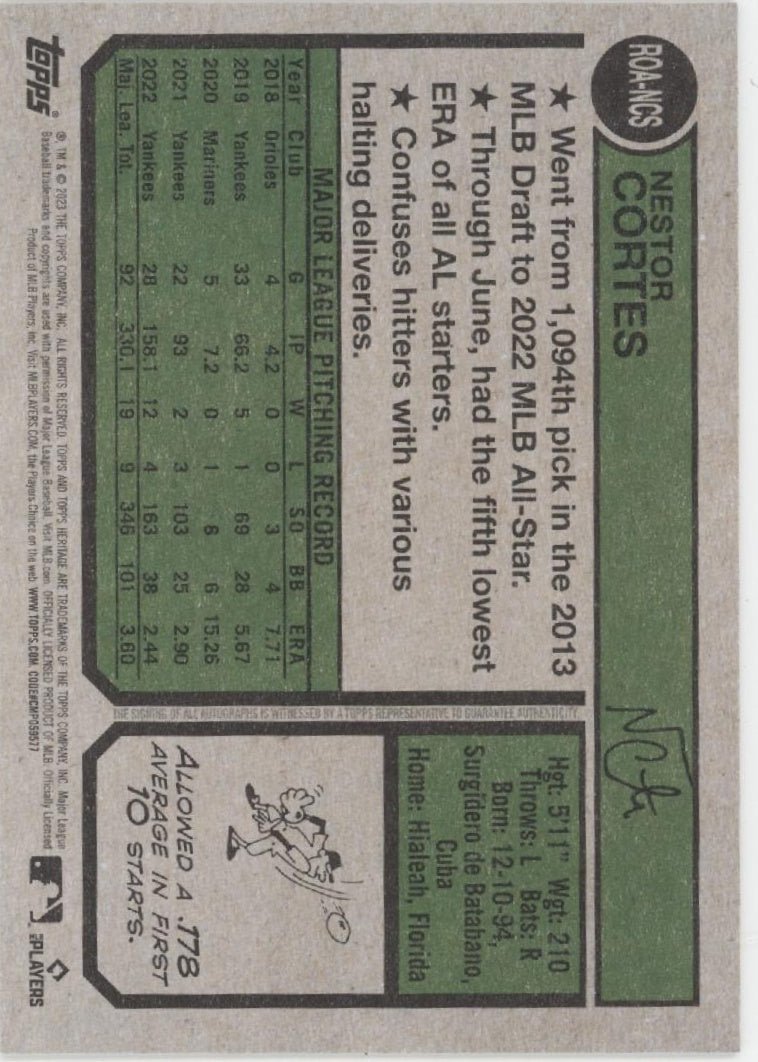 Nestor Cortes 2023 Topps Heritage Auto #ROA - NCS - Collector Store LLC