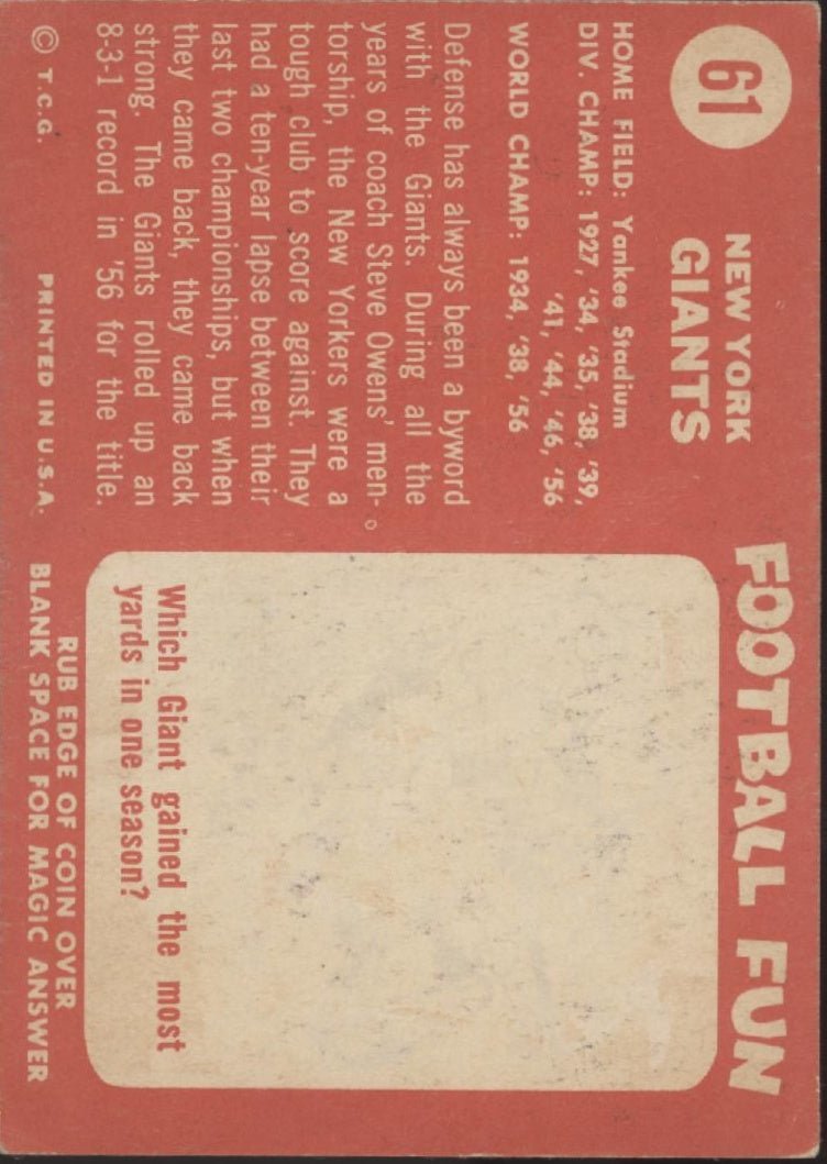 New York Giants 1958 Topps Team Card #61 VG - EX - Collector Store LLC