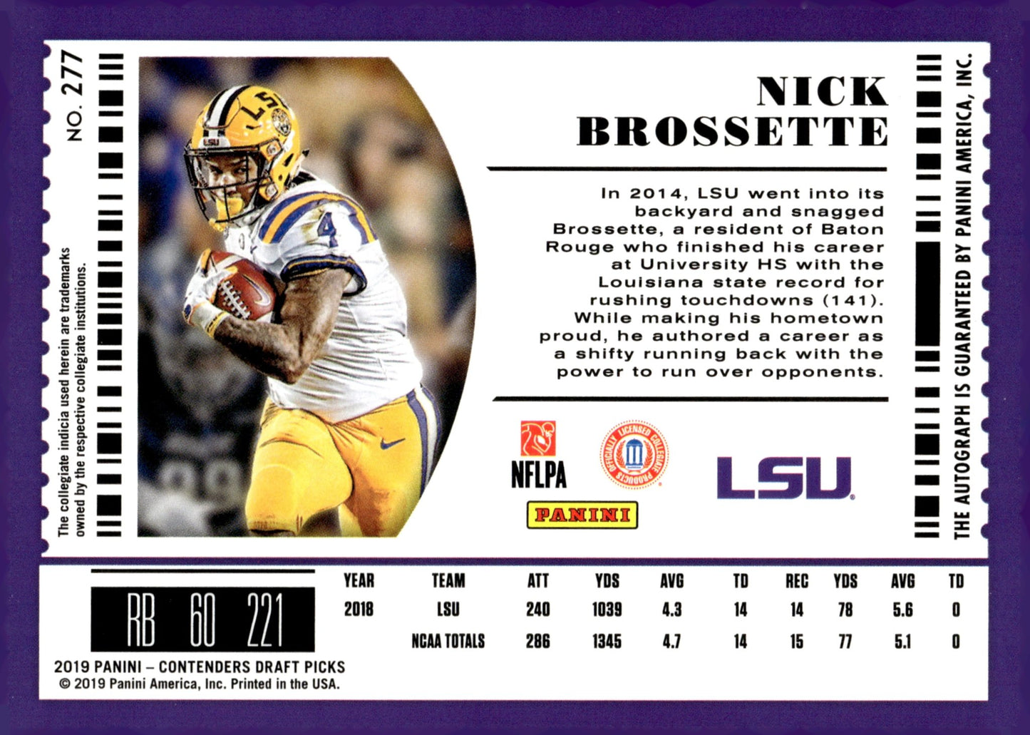 Nick Brossette 2019 Contenders Draft Picks College Ticket Purple RC Auto #277 - Collector Store LLC