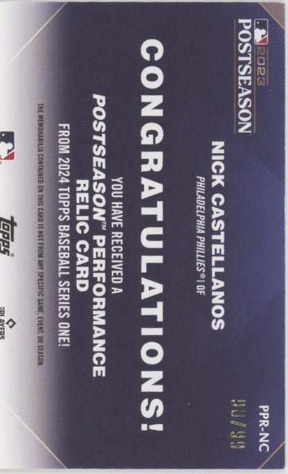 Nick Castellanos 2024 Topps Series 1 Post Season Performance Swatch 98/99 - Collector Store LLC