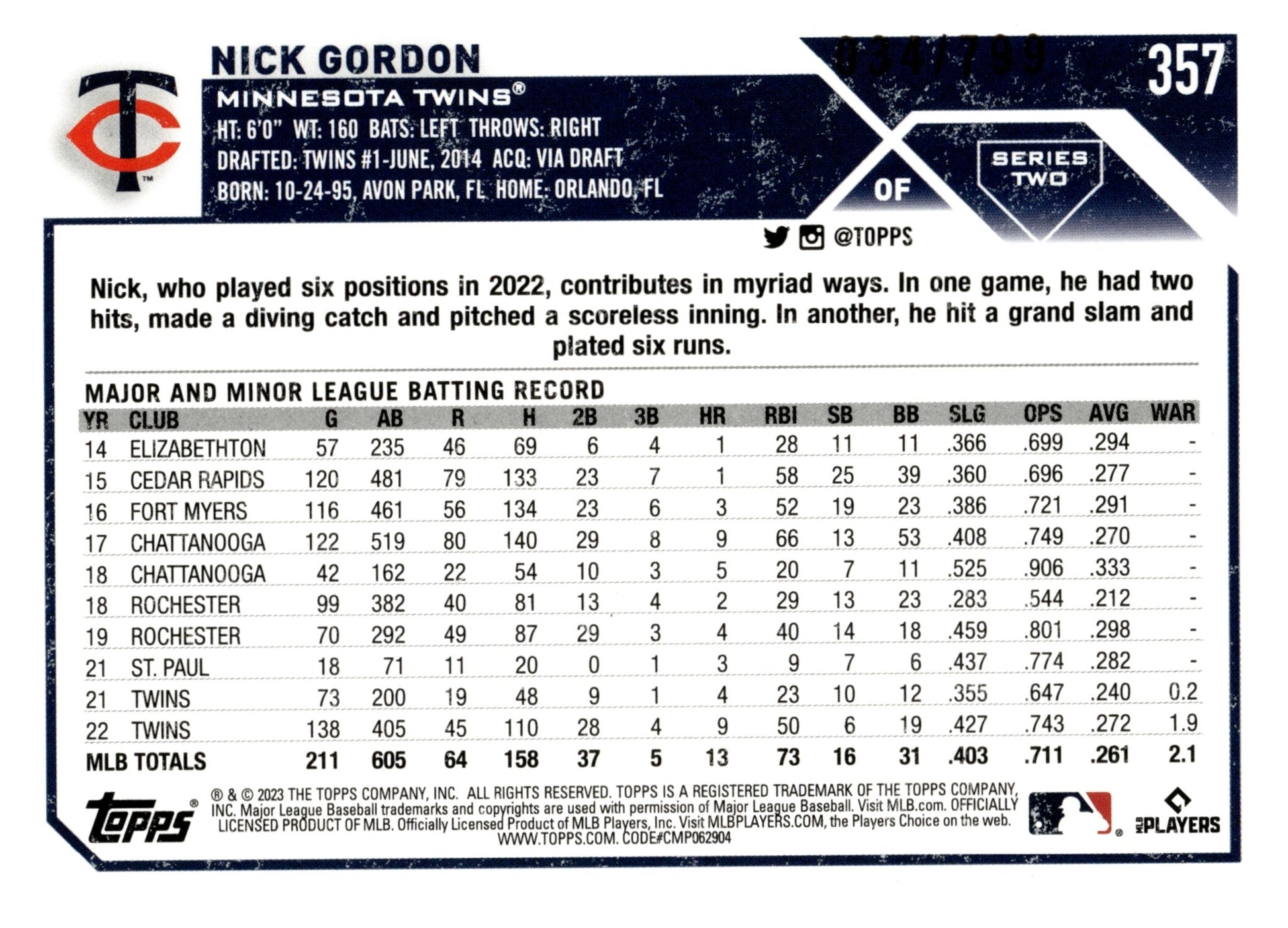 Nick Gordon 2023 Topps Series 2 Purple Foil 034/799 #357 - Collector Store LLC