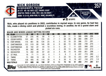 Nick Gordon 2023 Topps Series 2 Purple Foil 034/799 #357 - Collector Store LLC