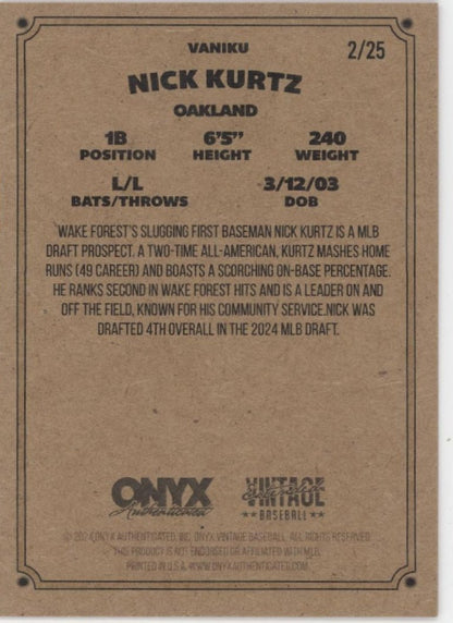 Nick Kurtz 2024 Onyx Vintage Extended RC Auto 2/25 - Collector Store LLC
