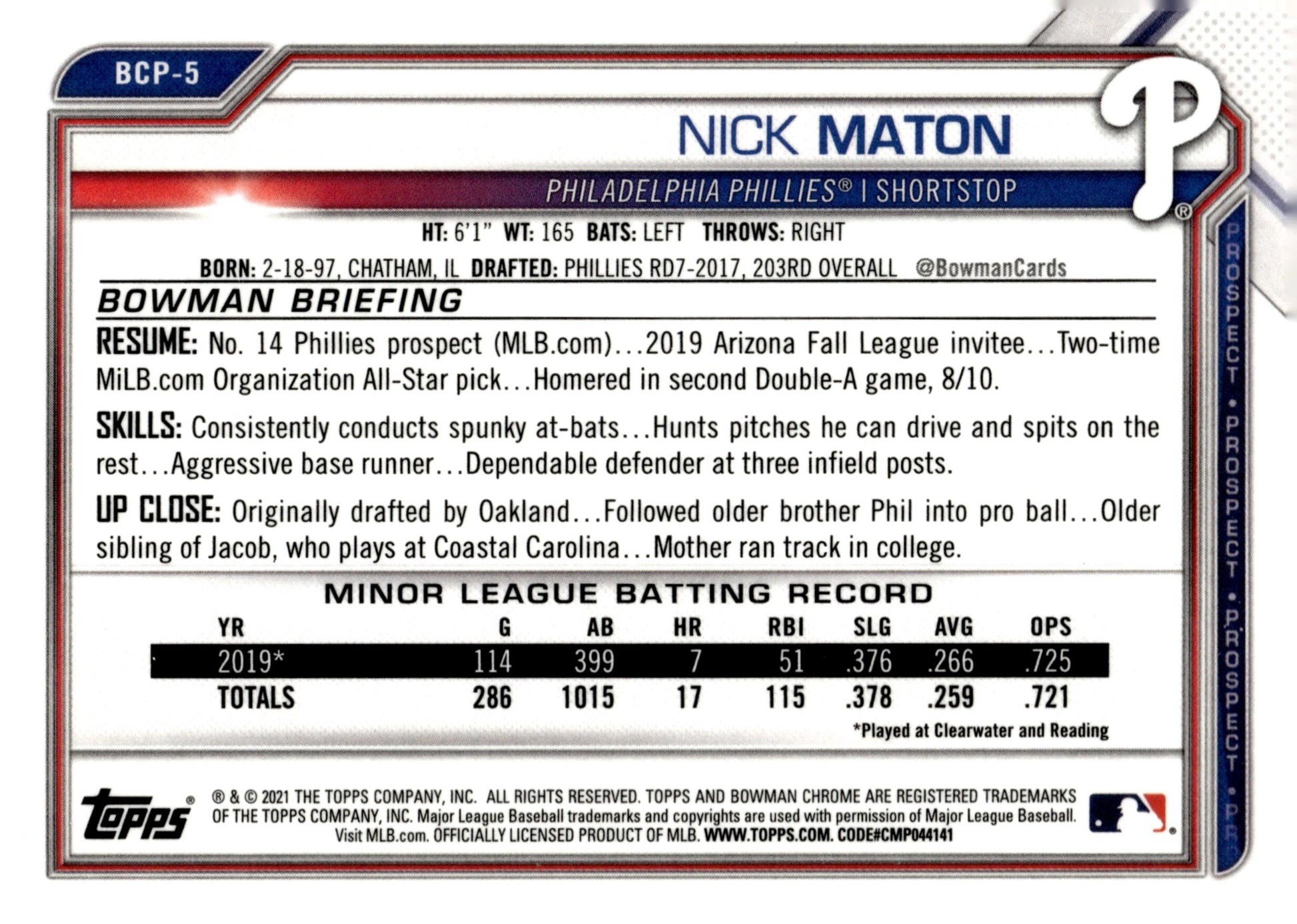 Nick Maton 2021 Bowman Chrome Prospect #BCP - 5 - Collector Store LLC