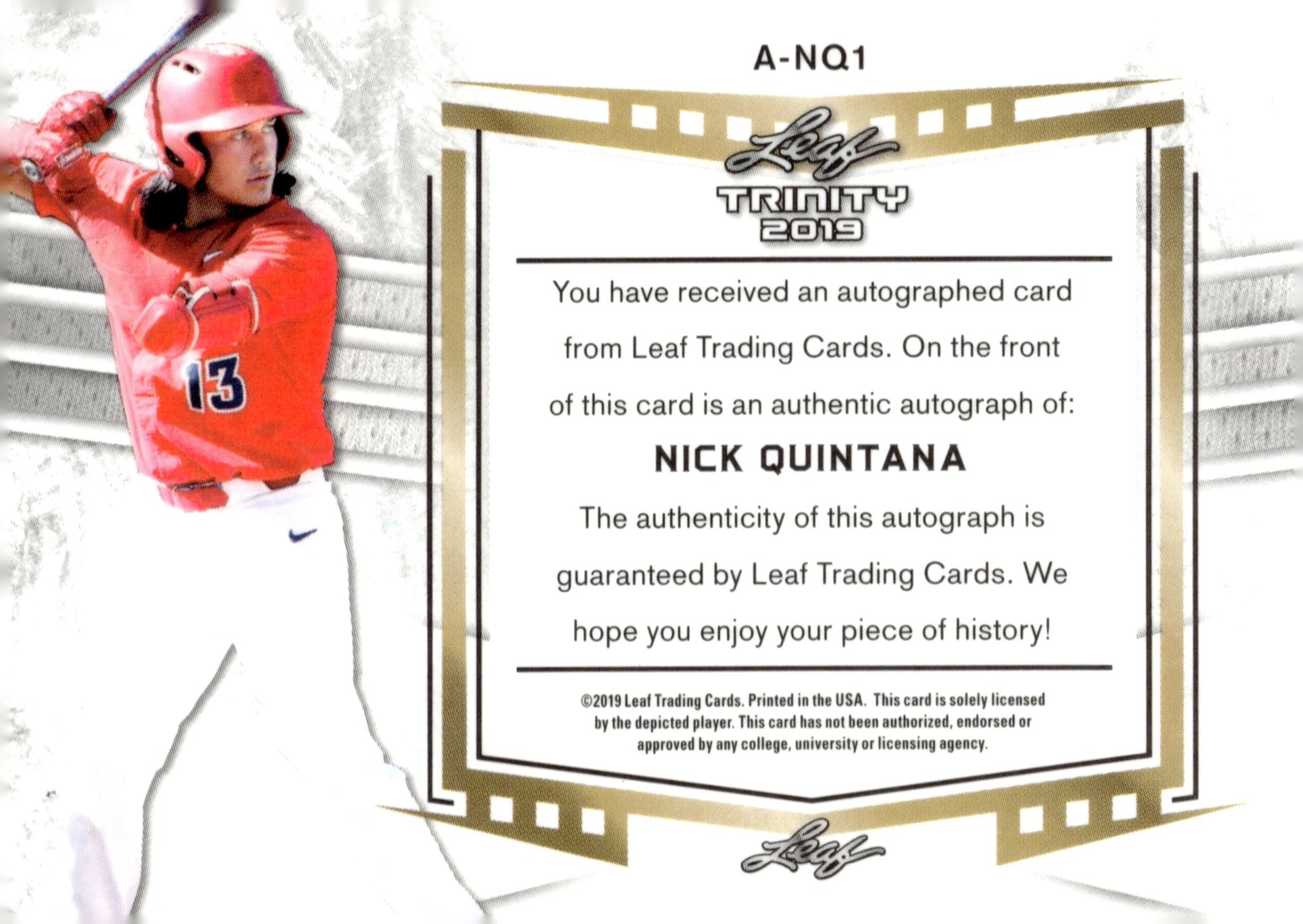 Nick Quintana 2019 Leaf Trinity Auto #A - NQ1 - Collector Store LLC