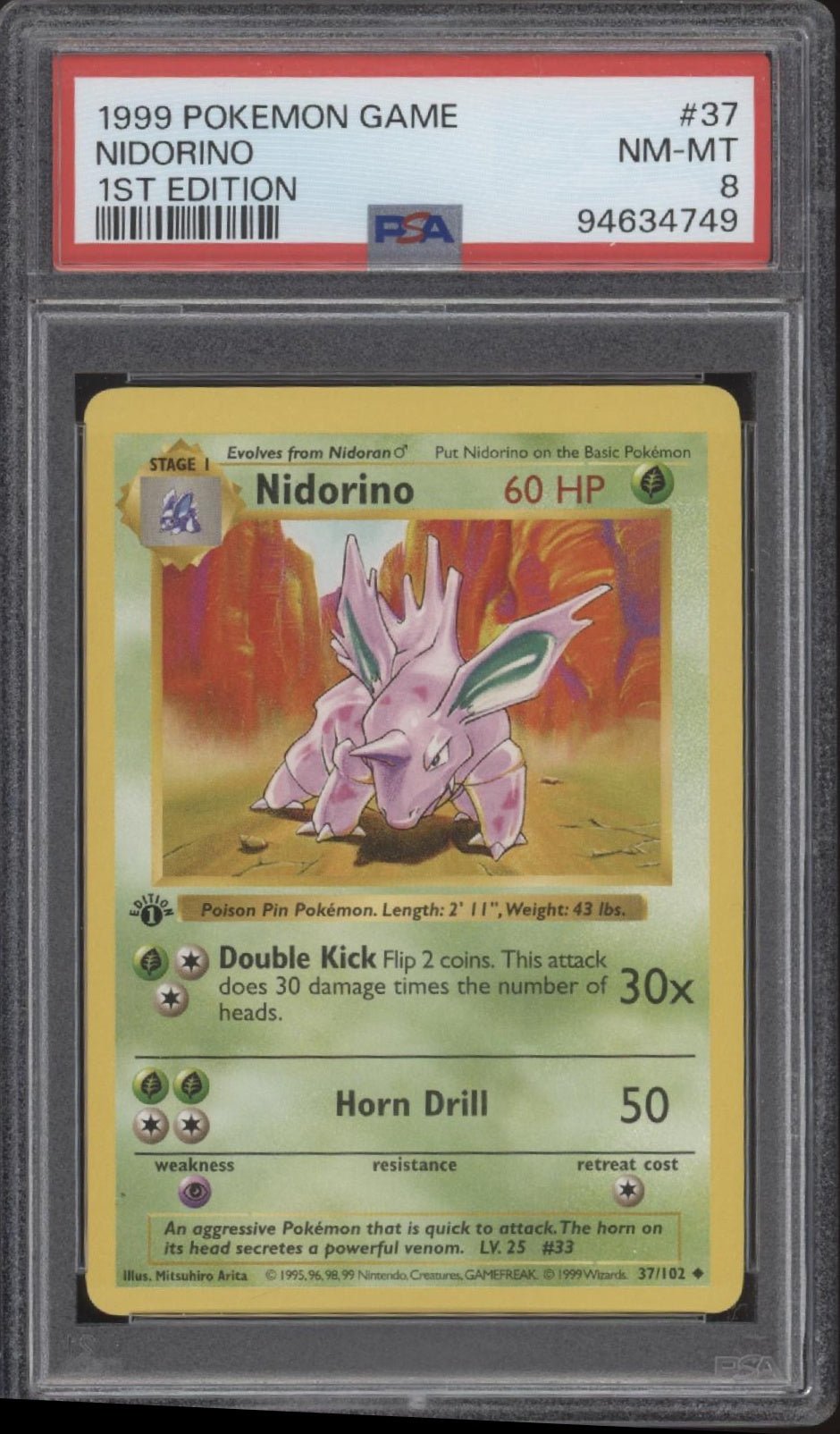 Nidorino Pokemon Base Set 1st Edition #37 PSA 8 - Collector Store LLC