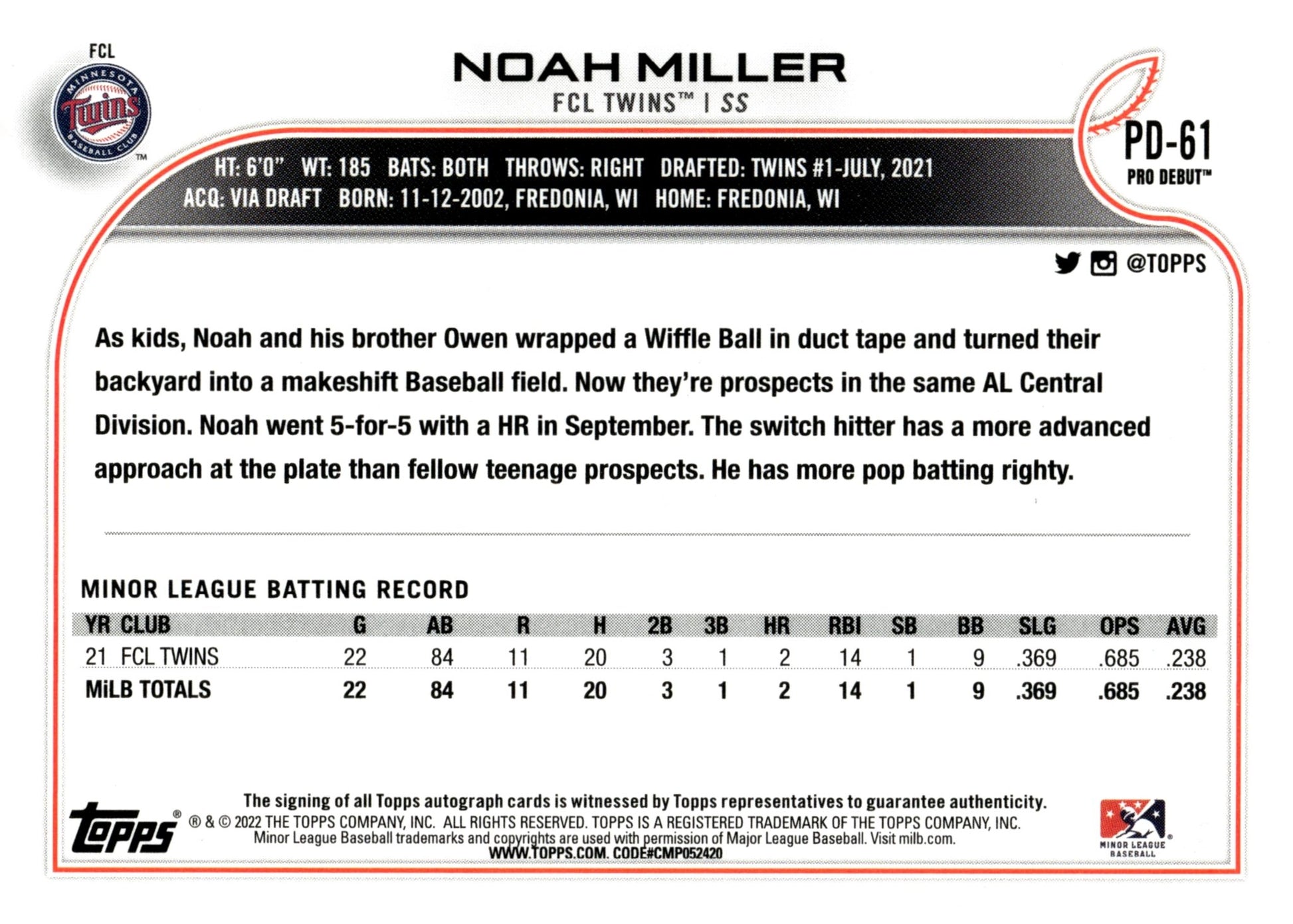 Noah Miller 2022 Topps Pro Debut Auto #PD - 61 - Collector Store LLC