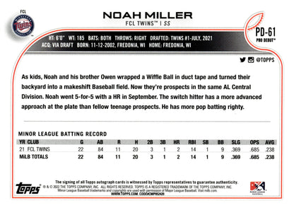 Noah Miller 2022 Topps Pro Debut Auto #PD - 61 - Collector Store LLC