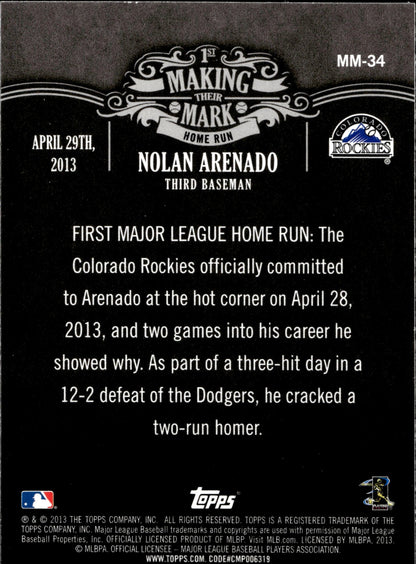 Nolan Arenado 2013 Topps Marking Their 1st Home Run RC #MM - 34 - Collector Store LLC