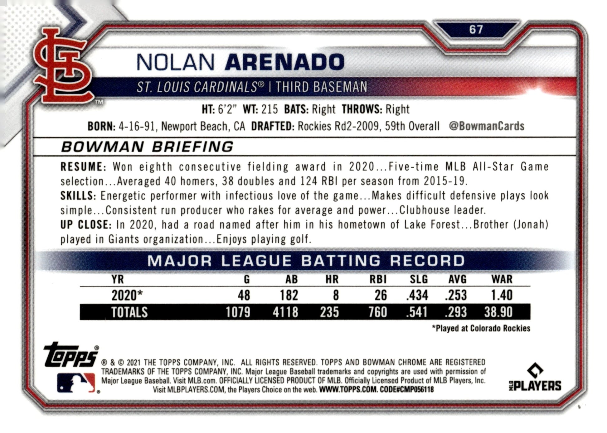 Nolan Arenado 2021 Bowman Chrome Veterans Blue Ice Refractor #67 - Collector Store LLC