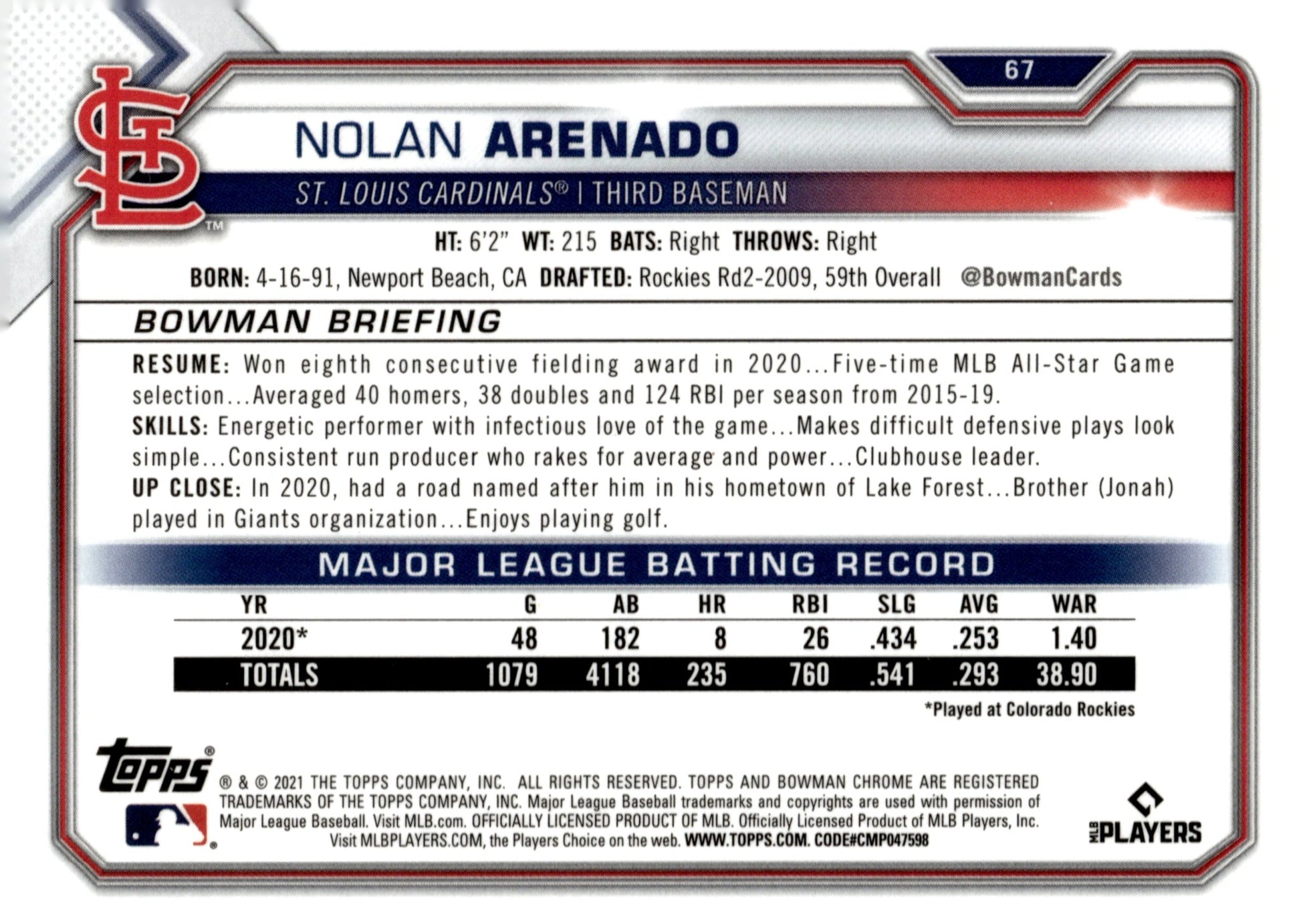 Nolan Arenado 2021 Bowman Chrome Veterans Purple Refractor 068/150 #67 - Collector Store LLC