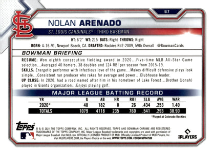 Nolan Arenado 2021 Bowman Chrome Veterans Purple Refractor 068/150 #67 - Collector Store LLC