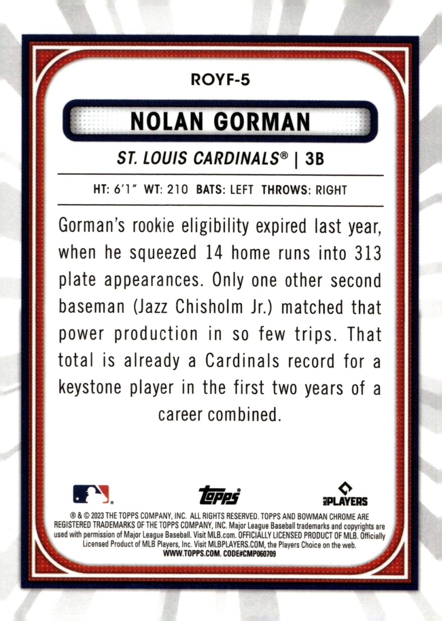 Nolan Gorman 2023 Bowman Chrome Rookie of the Year Favorites Refractor RC #5 - Collector Store LLC