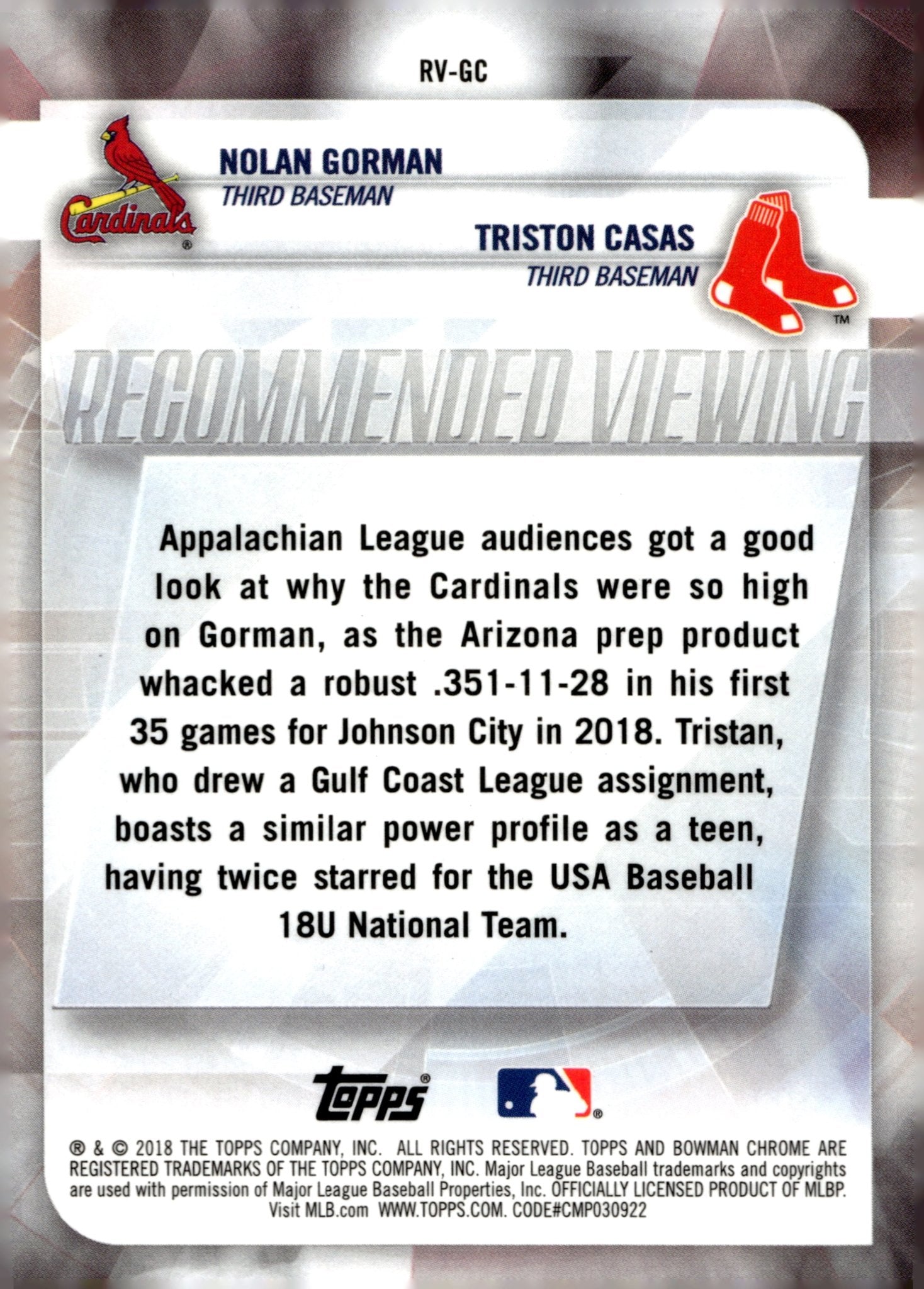 Nolan Gorman / Triston Casas 2018 Bowman Recommended Viewing #RV - GC - Collector Store LLC