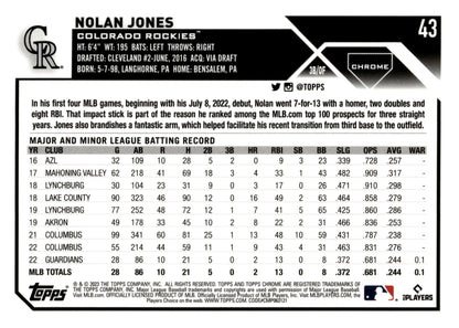 Nolan Jones 2023 Topps Chrome Sepia Refractor RC #43 - Collector Store LLC