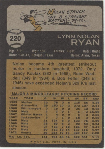 Nolan Ryan 1973 Topps #220 California Angels VG - EX #2 - Collector Store LLC
