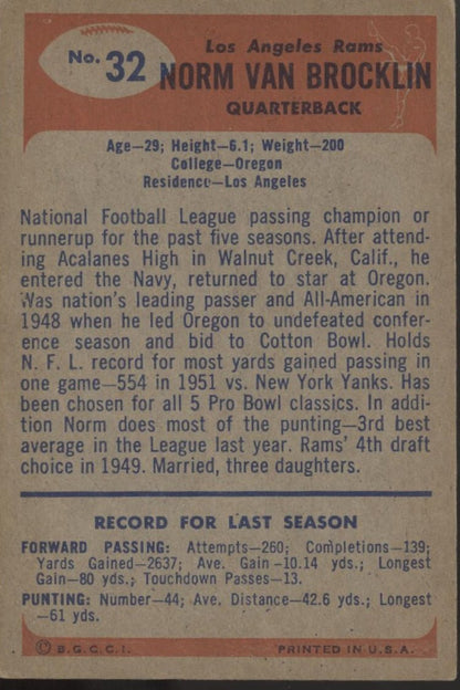 Norm Van Brocklin 1955 Bowman #32 Los Angeles Rams EX - Collector Store LLC