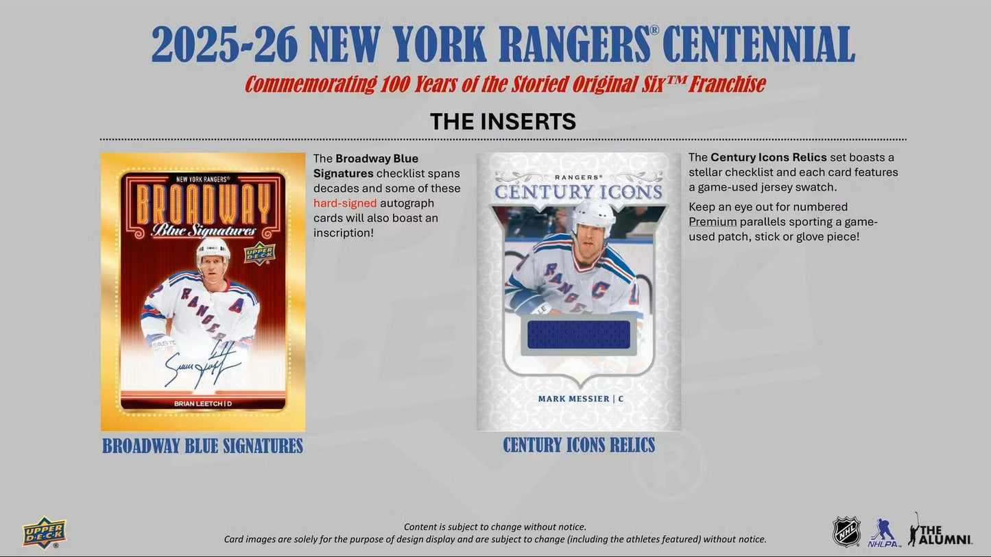 2025-26 Upper Deck New York Rangers Centennial Hobby Box *Contact Us To Order*